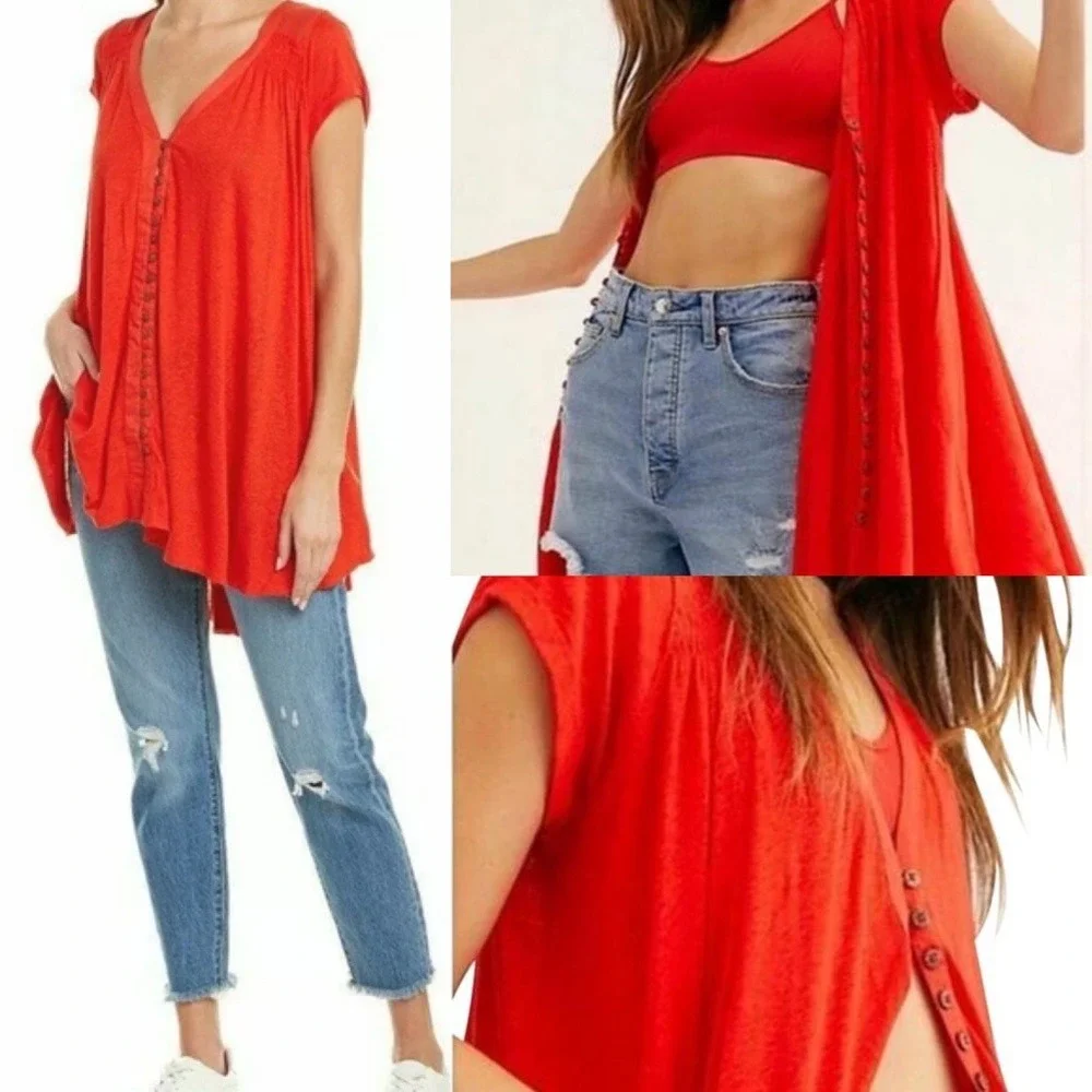 Free‎ People Highland V-Neck Linen Blend T-Shirt in Red Size XS